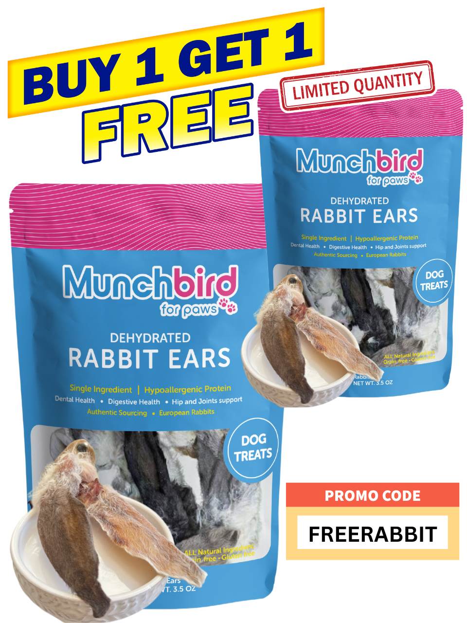 Rabbit Ear Dog Treats l Natural Treats, 3.5 oz Bag (12-15 counts)
