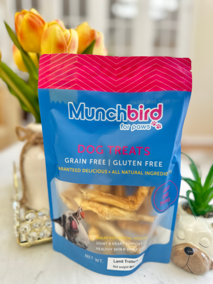 Dog food for hip and joint health, Munchbird Lamb Trotter Lamb Feet Dog Treats, alternative to turkey tendon for dogs and beef corium, Hypoallergenic Dog Bones Chews